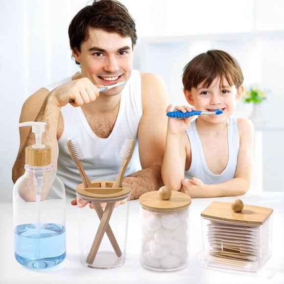 Bamboo Bathroom Accessories Set 4 Pcs - Clear Toothbrush Holder Plastic Soap Dis - Picture 7 of 8